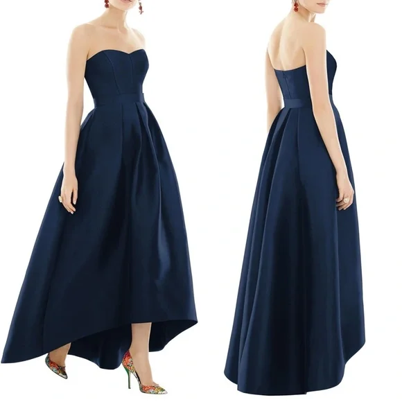NEW D699S ALFRED SUNG Midnight STRAPLESS PLEATED High Low SATEEN Twill GOWN